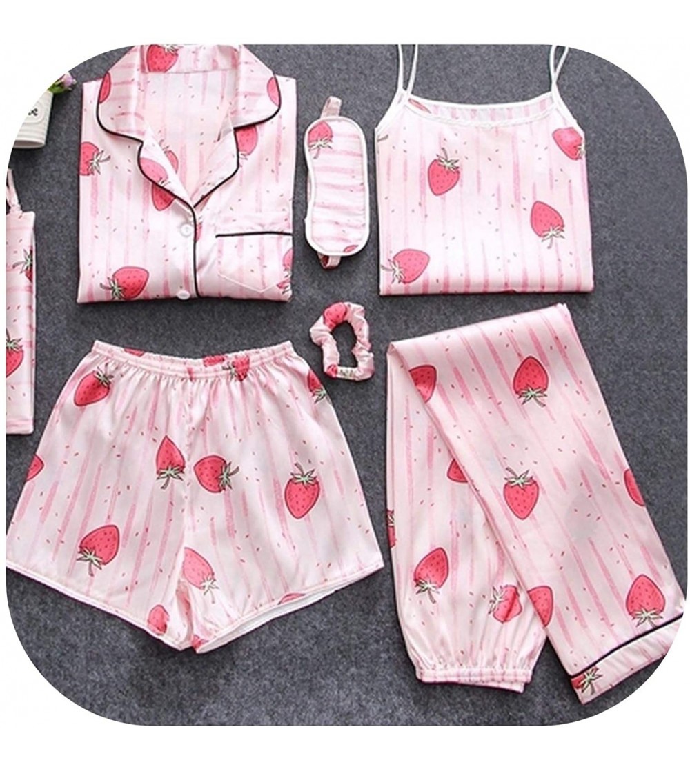 Sets 7 Pieces Pink Pajamas Sets Satin Silk Lingerie Homewear Sleepwear Pyjamas Set Pijamas for Woman - 1 Strawberry - CL18U3R...