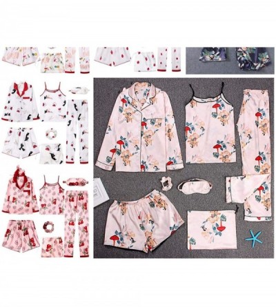 Sets 7 Pieces Pink Pajamas Sets Satin Silk Lingerie Homewear Sleepwear Pyjamas Set Pijamas for Woman - 1 Strawberry - CL18U3R...
