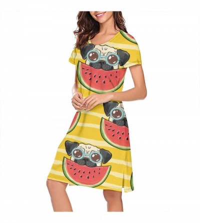 Sets Womens Nightgown Rastafarian Colors Marijuana Short Sleeve Sleep Dress - Pug Eat Watermelon - CM18ZX6LSSG $30.42