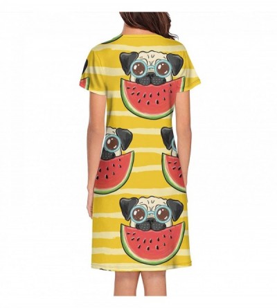 Sets Womens Nightgown Rastafarian Colors Marijuana Short Sleeve Sleep Dress - Pug Eat Watermelon - CM18ZX6LSSG $30.42