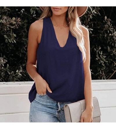 Nightgowns & Sleepshirts Women V Neck Solid Color Cross Back Casual Loose Sleeveless Shirts Tank Tops - Navy - CQ196SXK2OI $1...