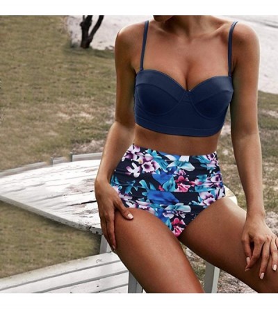 Tops Women's High Waist Bikini Swimwear Women's Vintage Print Beachwear Bikini Set Swimwear - Blue - CA18T4QHUIK $15.95