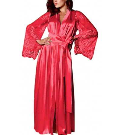 Robes Women Short Silk Kimono Robe Lace Trim Satin Sleepwear Bridesmaids with Briefs - Red 3 - CW18WH7GOW0 $29.68