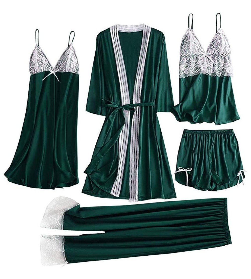 Sets Sleepwear Women's 5PC Pajama Set Lace Satin Dress Cami Shorts Trousers Pajama Set with Robe - Green - C7197CZGT7U $30.76