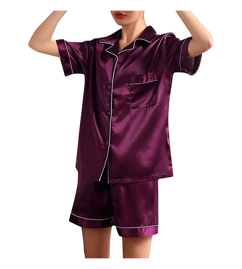 Sets Pajamas Sets for Women Soft-Notch Collar Short Sleeve Sexy Sleepwear-Silk Button Down Nightwear-Tops-Tunic Tigivemen - P...