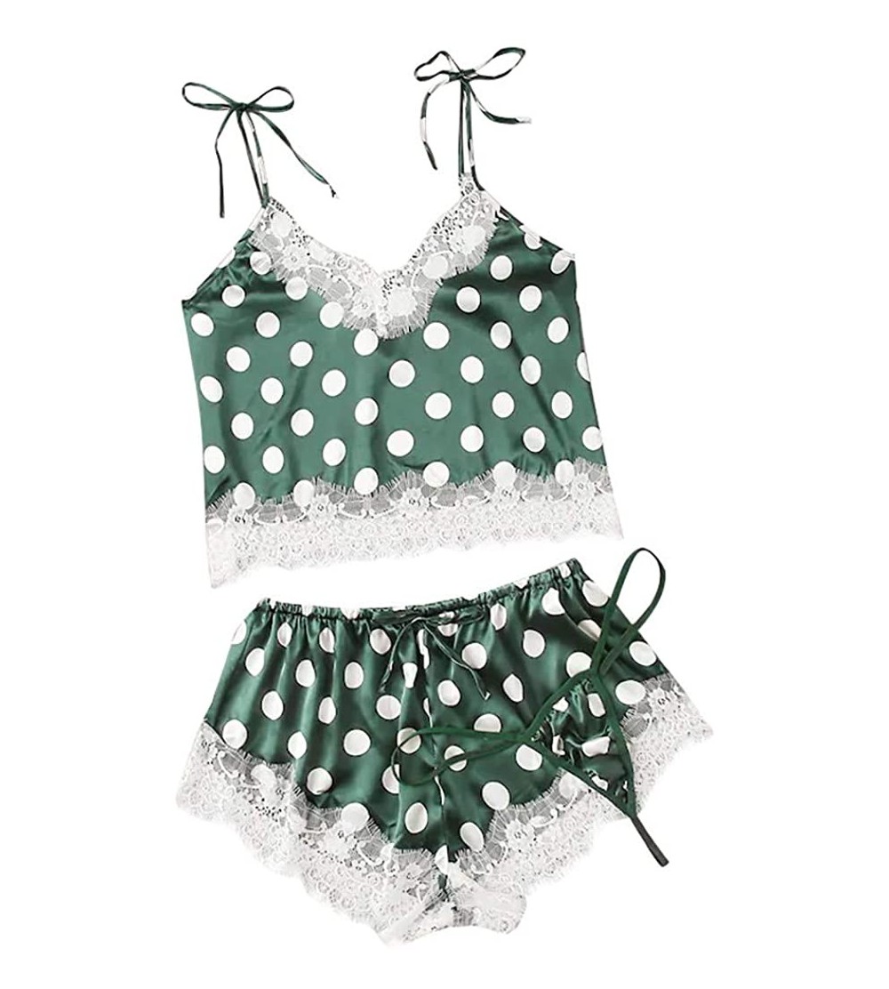 Sets Sexy Lace Silk Satin Camisole Shorts Thong Underwear Set for Women Strappy Floral Print Pajamas Set Lingerie Green - CI1...
