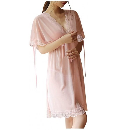 Tops Women V Neck Short Sleeve Sexy Lace Trim Sleepwear Nightdress Pajamas Babydoll Lingerie for Women - Pink - C21902AIAAM $...