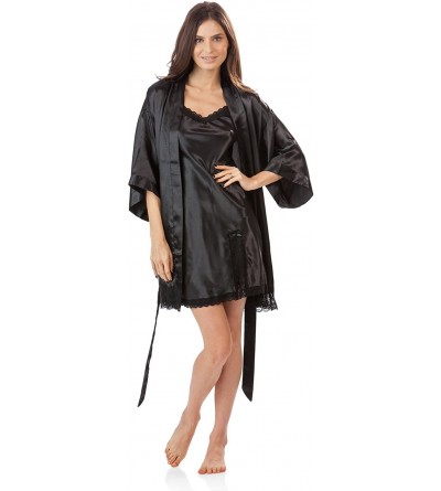 Robes Women's 2 Piece Satin Robe and Nightie Set - Black/Black - CL12L9IS4B5 $40.22