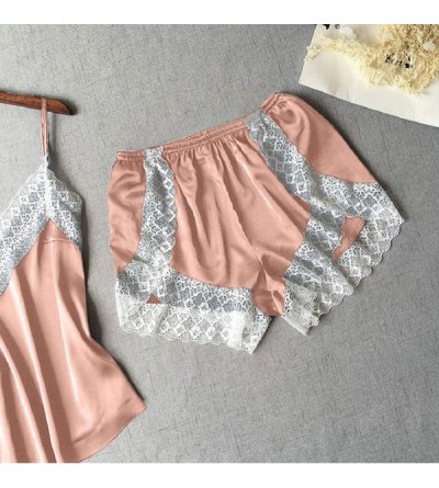 Sets Lace Satin Sleepwear Set - Women's Lace Frill Trim V Neck Cami Top and Shorts Pajama Set - Pink - CN196UQ8GNC $12.20