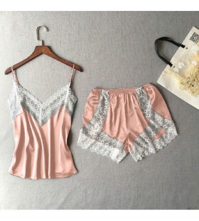 Sets Lace Satin Sleepwear Set - Women's Lace Frill Trim V Neck Cami Top and Shorts Pajama Set - Pink - CN196UQ8GNC $12.20