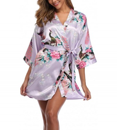 Robes Women's Floral Satin Robe Short Silk Bridal Robe Printing Peacock Kimono Sleepwear - Light Purple - C518LZEM2ZW $9.95