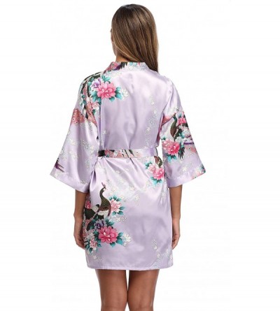 Robes Women's Floral Satin Robe Short Silk Bridal Robe Printing Peacock Kimono Sleepwear - Light Purple - C518LZEM2ZW $9.95