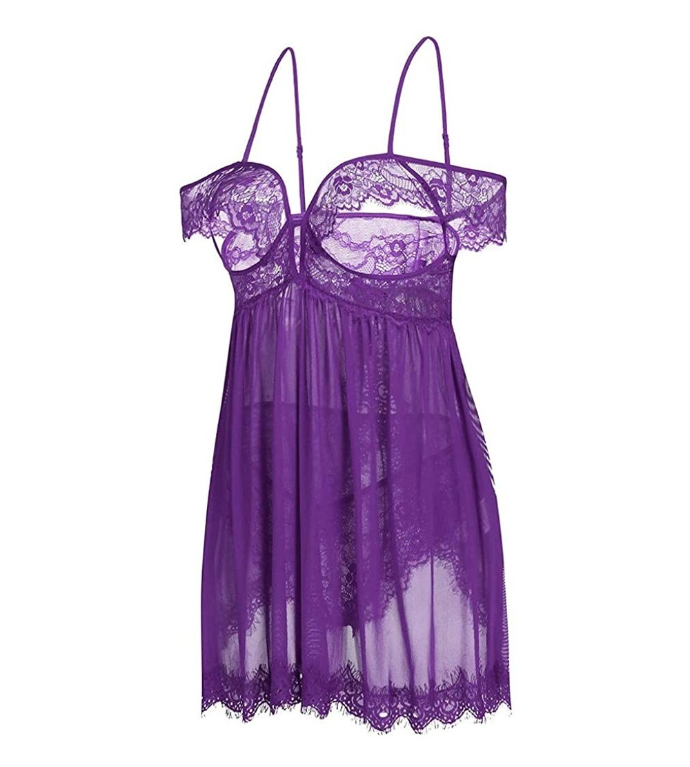 Baby Dolls & Chemises Plus Size Lingerie for Women Chiffon Babydoll V Neck Mesh Sleepwear Strap Chemise Nightgown - Purple - ...