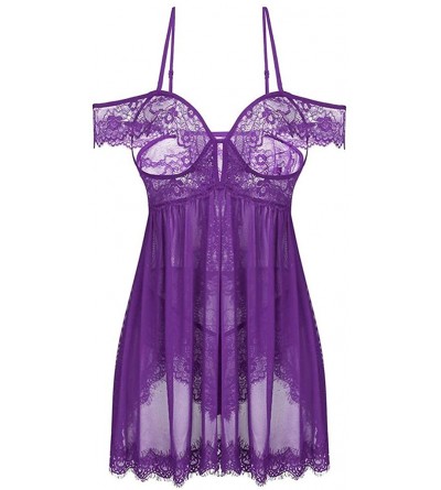 Baby Dolls & Chemises Plus Size Lingerie for Women Chiffon Babydoll V Neck Mesh Sleepwear Strap Chemise Nightgown - Purple - ...