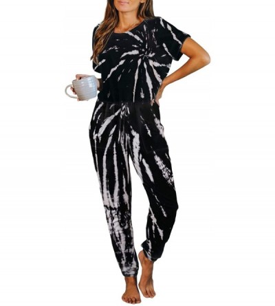 Sets Womens Tie Dye Printed Long Pajamas Set Keyhole Short Sleeve PJ Sets Jumpsuit Nightwear Loungewear - D Black - CV1987MI5...