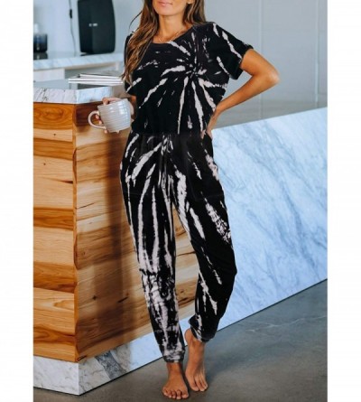 Sets Womens Tie Dye Printed Long Pajamas Set Keyhole Short Sleeve PJ Sets Jumpsuit Nightwear Loungewear - D Black - CV1987MI5...