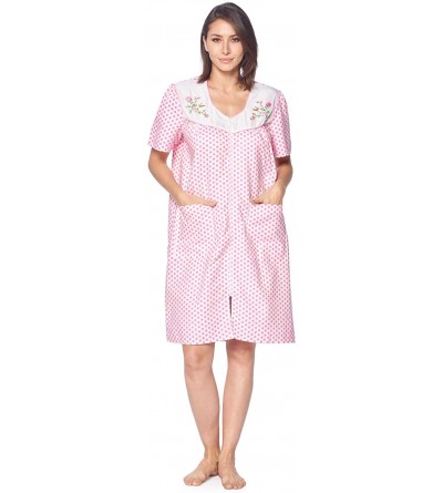 Robes Women's Zipper Front House Dress Short Sleeves Duster Lounger Housecoat Robe - Pink Dots - CW18RGTQEG2 $21.08