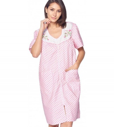Robes Women's Zipper Front House Dress Short Sleeves Duster Lounger Housecoat Robe - Pink Dots - CW18RGTQEG2 $21.08