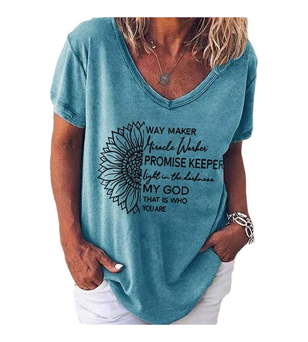 Sets Waymaker T Shirt Sunflower Short Sleeve Tee Women Causal V Neck Loose Tops Blouse - Blue - C61983CZKTT $13.74