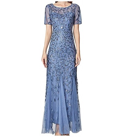 Bottoms Women's Illusion Embroidery Elegant Mermaid Evening Dress Short-Sleeve Leaf Sequin Beaded Mesh - Light Blue - CQ1943G...