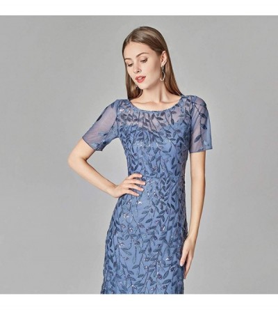 Bottoms Women's Illusion Embroidery Elegant Mermaid Evening Dress Short-Sleeve Leaf Sequin Beaded Mesh - Light Blue - CQ1943G...