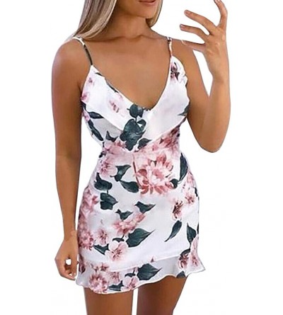 Tops Women's Sexy Floral Printed Suspender Dress Summer Beach Party Ruffle Strappy Mini Dresses - White - CC1985YMI6N $21.09