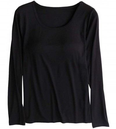 Tops Women's Long Sleeve Padded Modal T-Shirts Built-in-Bra Crow Neck Yoga Base Layer - Black - CG18OQK9Q4Y $46.91