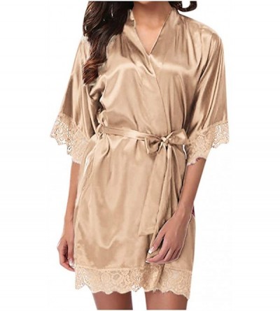 Sets Satin Robe Set for Women Lady Sexy Lace Sleepwear Nightwear Lingerie Pajamas Suit - Beige - C018A9LOQKA $10.09