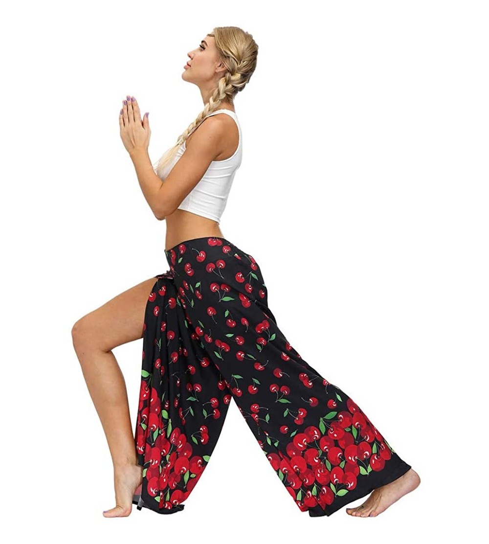 Bottoms Womens Palazzo Side Split Wide Leg Pants Summer Casual Beach Boho Hippie Floral Printed Workout Yoga Pants - Red - CM...
