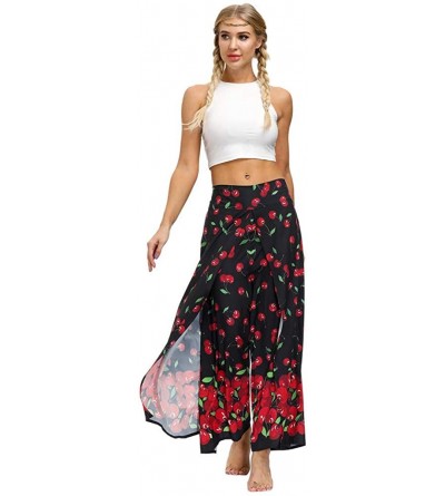 Bottoms Womens Palazzo Side Split Wide Leg Pants Summer Casual Beach Boho Hippie Floral Printed Workout Yoga Pants - Red - CM...