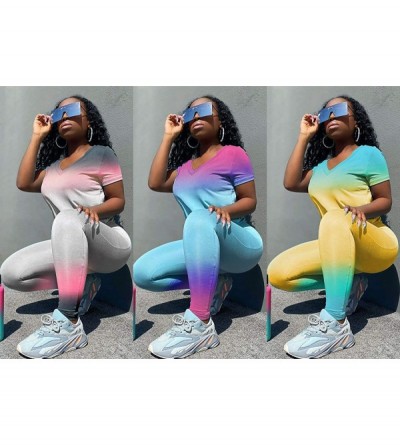 Sets Women Two Piece Outfits Sets Tracksuit Set Short Sleeve T Shirts + Skinny Short Pants Shorts Rompers - Gradient Ramp Yel...