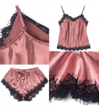 Sets Women's Sexy Lace Pajamas 2 Piece Outfits Camisole Shorts Sleepwear Pjs Spaghetti Strap Nightwear - Pink - CT18OWEEXH5 $...