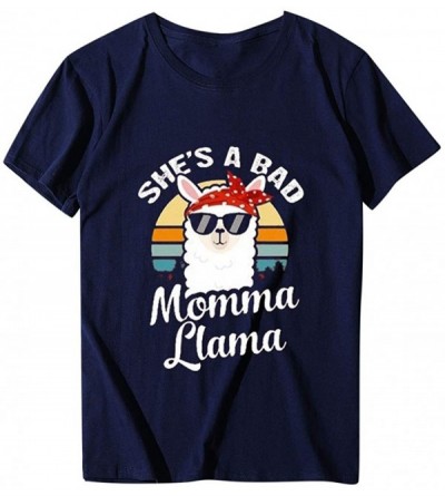 Tops Printed T-Shirt- Summer Women's Alpaca Short Sleeve Round Neck Plus Size top - K-navy - CB1943RCOU7 $15.07