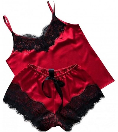 Nightgowns & Sleepshirts Women Pajamas Set Satin Lace Lingerie Silky Camisole Sleepwear Underwear Nightwear - Red - CD19038YN...