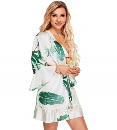 Robes Women's Ruffle Hem Belted Satin Kimono Bridesmaids Robe - White Green - CX19CANLT0D $16.31