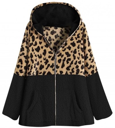 Baby Dolls & Chemises Women Zip-up Leopard Patchwork Hooded Jacket Coat Fleece Hoodie Pullover Top Sweater with Pocket - Blac...
