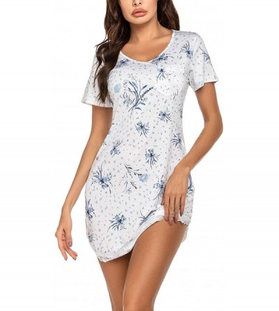 Nightgowns & Sleepshirts Women's Nightgown Soft Short Sleeve Night Shirt Lace Trim Sexy Print Sleep Dress (S-XXL) - A-blue/Wh...