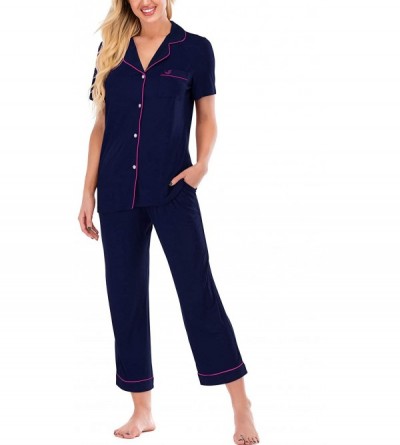 Sets Women's Notch Collar Pajama Set Comfy Pjs Soft Button Down Short Sleeve 2 Piece Sleepwear - Navy - CH199XQXHNN $35.36