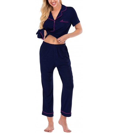 Sets Women's Notch Collar Pajama Set Comfy Pjs Soft Button Down Short Sleeve 2 Piece Sleepwear - Navy - CH199XQXHNN $35.36