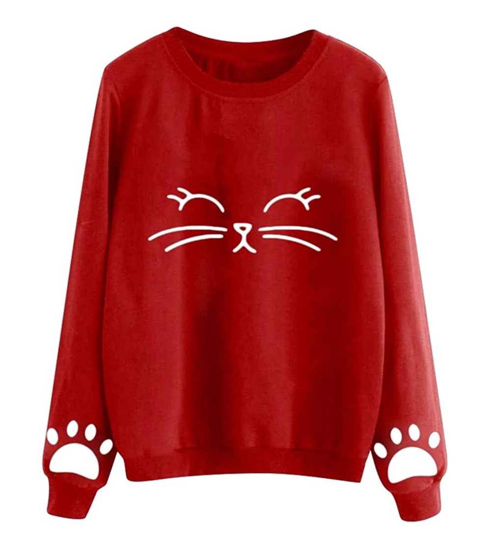 Robes Cute Womens Long Sleeve Cat Printed Pullover Tops Casual O Neck Tunic Blouse Loose Comfy Sweatshrit - Red - CK18NKQ5IT2...