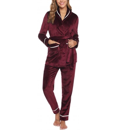 Robes Women's Plush Fleece Pajamas Set Long Sleeve Button-Down Sleeping PJ Set with Pockets - Wine Red - CP18ZSQ4HKD $43.29