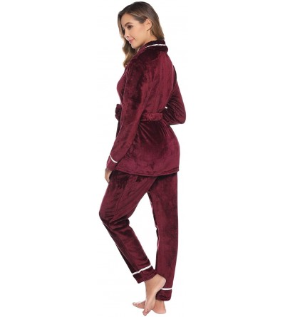 Robes Women's Plush Fleece Pajamas Set Long Sleeve Button-Down Sleeping PJ Set with Pockets - Wine Red - CP18ZSQ4HKD $43.29