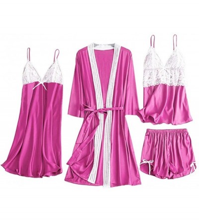 Sets Sexy Pajamas for Women Silky Sets 4 Piece Satin Pajama Set with Robe Soft Lace Lingerie Nightwear Loungewear - A-hot Pin...