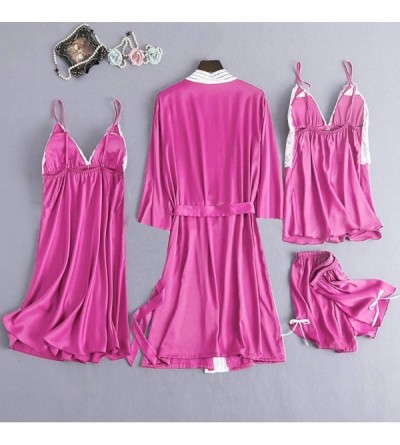 Sets Sexy Pajamas for Women Silky Sets 4 Piece Satin Pajama Set with Robe Soft Lace Lingerie Nightwear Loungewear - A-hot Pin...