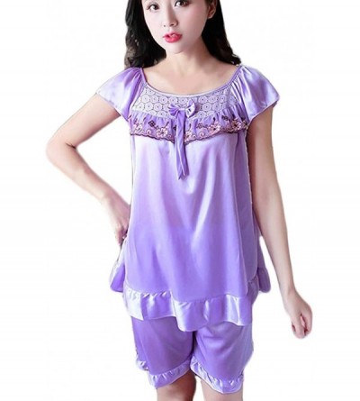 Sets Womens Sleepwear Short Sleeve Pajamas Tops Shorts Square Neck Bow Knot Patchwork Nightgown Ladies Pajamas Set Purple - C...