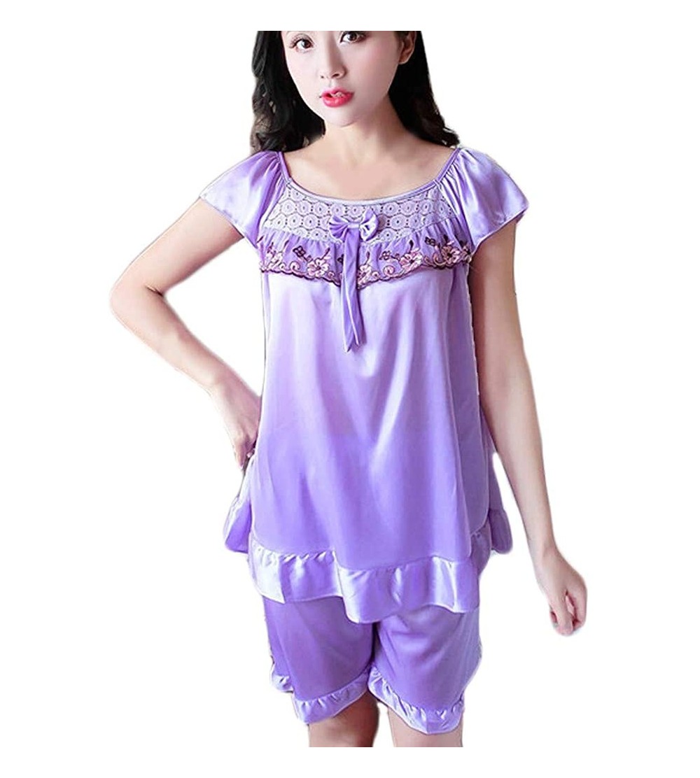 Sets Womens Sleepwear Short Sleeve Pajamas Tops Shorts Square Neck Bow Knot Patchwork Nightgown Ladies Pajamas Set Purple - C...