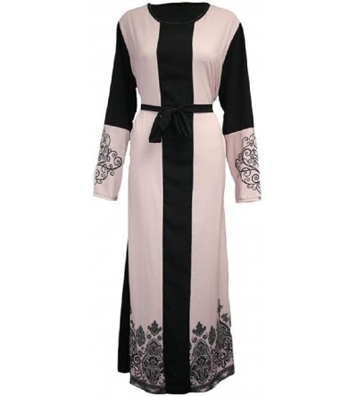 Robes Women Casual Long Sleeve Floral Print Muslim Abaya Robe Maxi Dress - Pink - CH198MWR5T5 $21.38