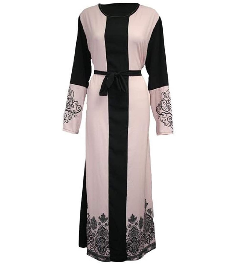 Robes Women Casual Long Sleeve Floral Print Muslim Abaya Robe Maxi Dress - Pink - CH198MWR5T5 $21.38