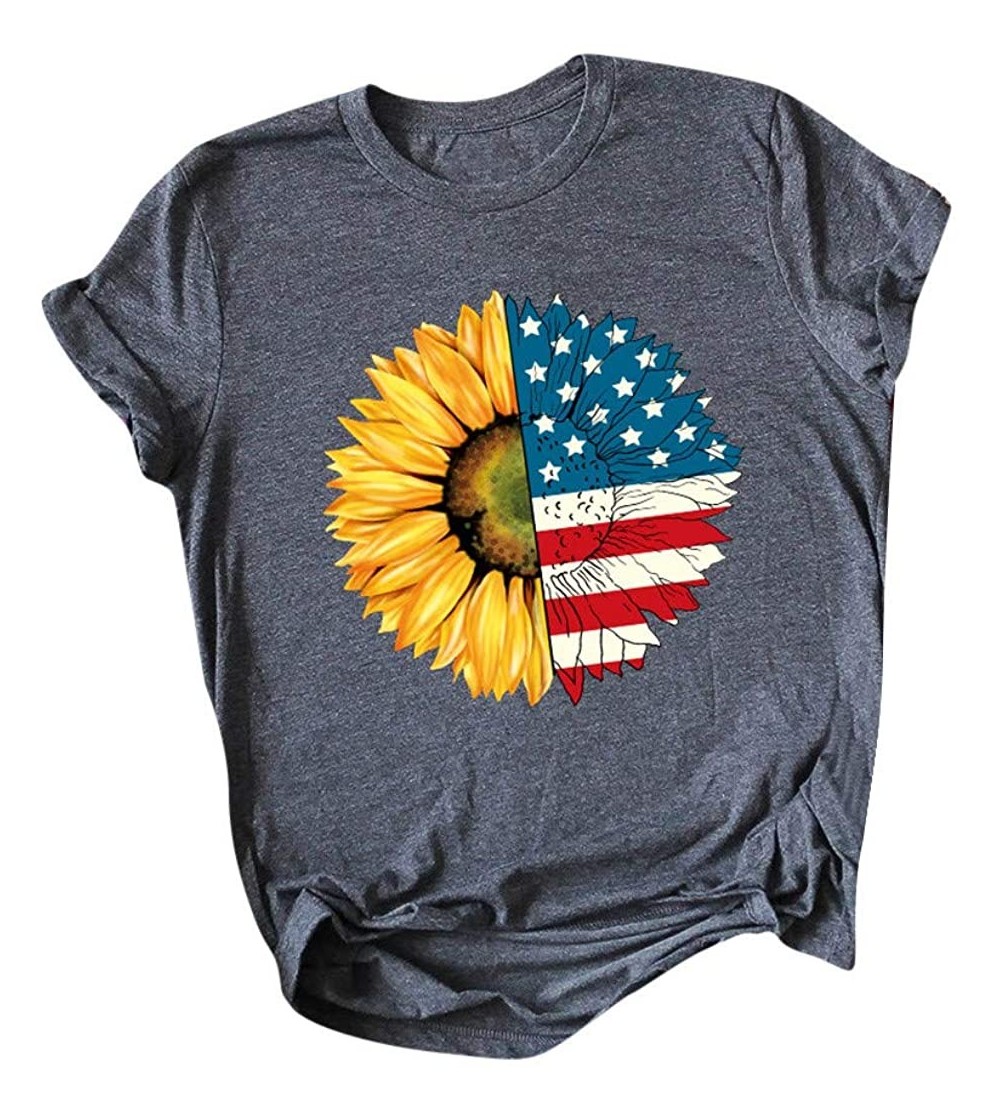 Thermal Underwear Women July 4th Blouse O-Neck Sunflower Star Print Short Sleeve Graphic T-Shirt Top - A-dark Gray - CM190GXR...