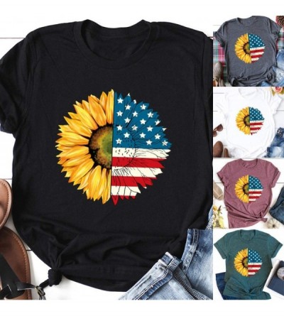 Thermal Underwear Women July 4th Blouse O-Neck Sunflower Star Print Short Sleeve Graphic T-Shirt Top - A-dark Gray - CM190GXR...